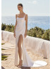 Square Neck Ivory Satin Slit Stunning Wedding Dress With Buttons